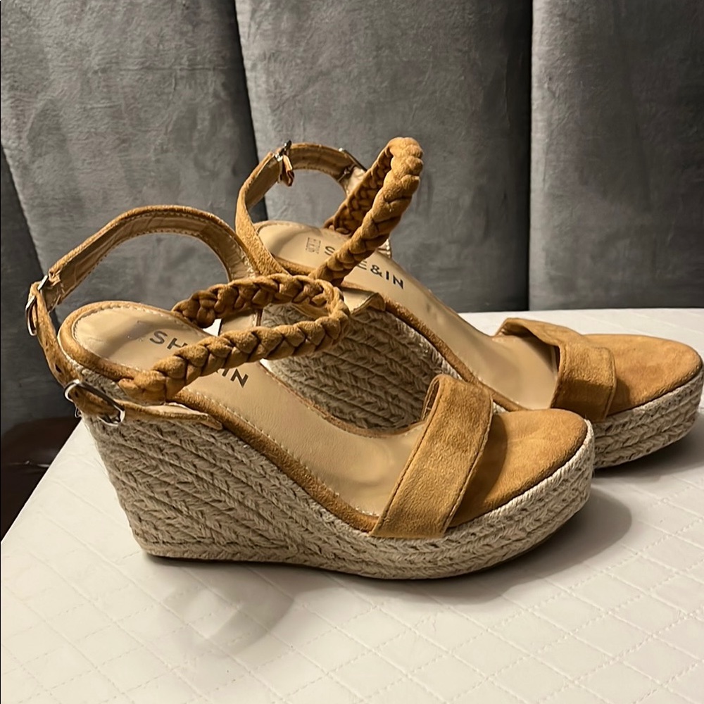 SHE&IN  Tan faux suede Wedge Sandals with Braided Straps